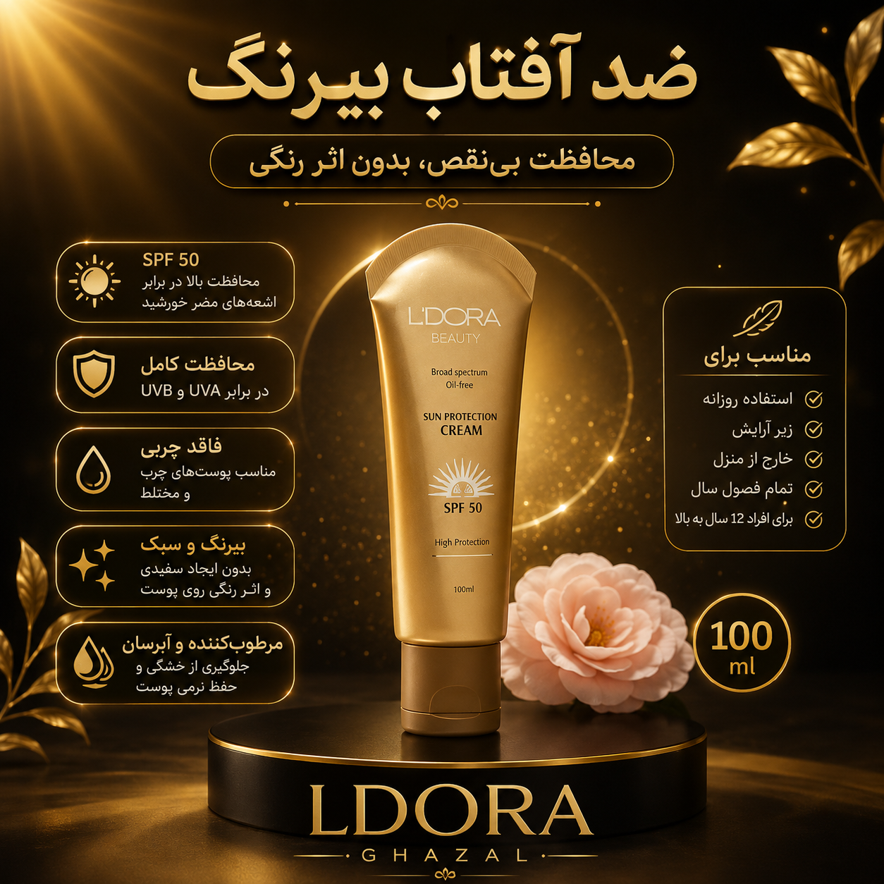 کرم ضدآفتاب بی رنگ و فاقد چربی SPf 50 میلی لیتر۱۰۰