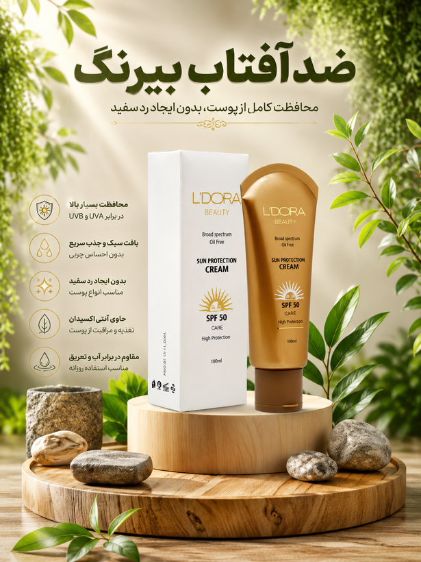 کرم ضدآفتاب بی رنگ (مدل قدیمی) و فاقد چربی SPF50 لدورا 100 میلی لیتر